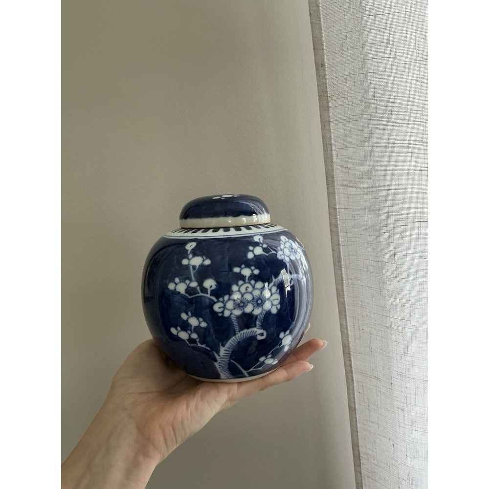 Vintage Chinese Blue &White Prunus Blossom Ginger Jar Kangxi Double Ring Mark 5"